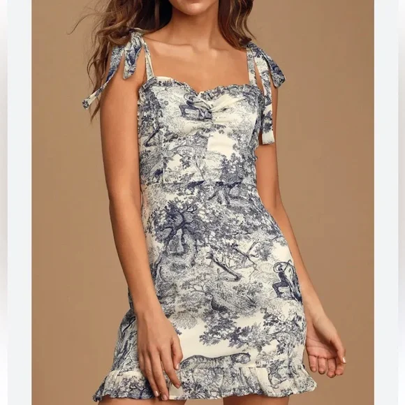 Lulus size xs Breeze the Day Blue and White Print Tie-Strap Mini Dress - Picture 3 of 9